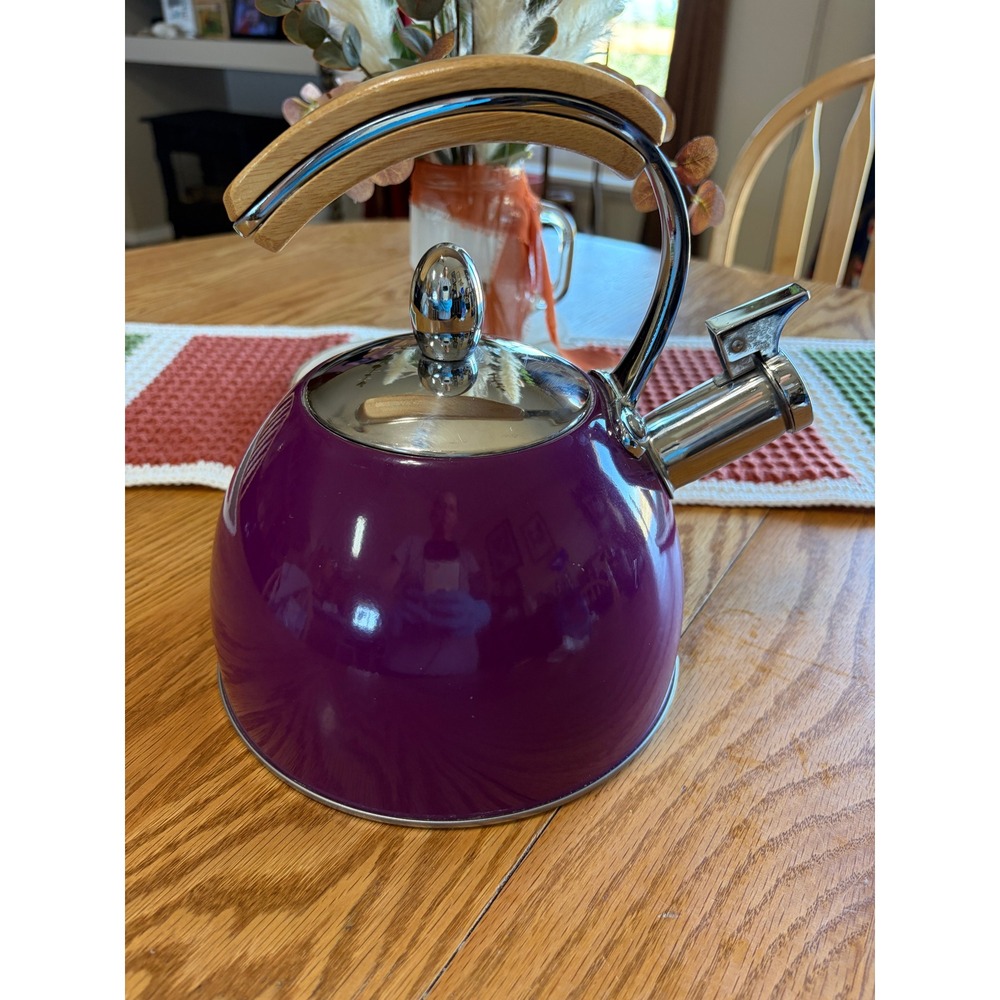 Pinky Up Whistling Tea Kettle Purple Enamel Stainless Steel Wood Grain Handle